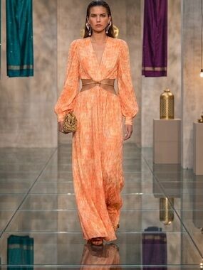New Jonathan Simkhai abstract floral print dress waist cut-outs gown
